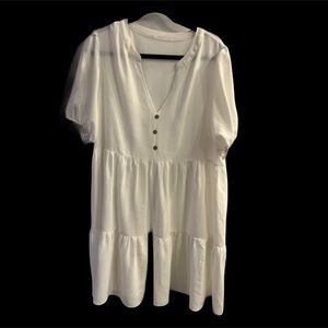 Elegant Flowy White tiered babydoll Button-Down V-neck S/S Dress Size XL
